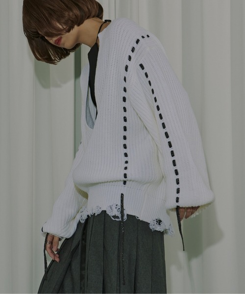 Ezick ニット セーター Cord stitch キーネックニット レディース