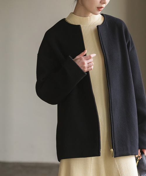 36サイズ　Noble ノーブル　ノーカラーコート　ウールコート NOBLE（ノーブル） ノーカラーコート 36 ブラック レディース