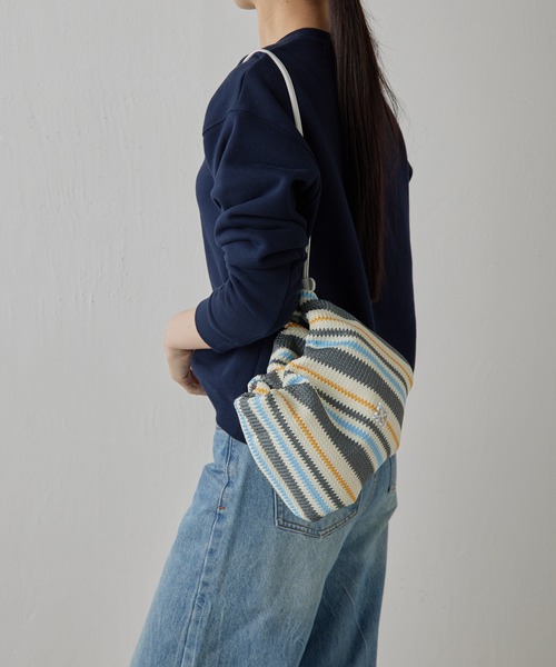 russet ショルダーバッグ バッグ カゴストライプ巾着ショルダー