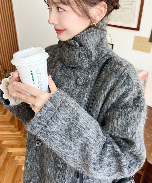 ピーコート pコート 2WAYアレンジカラーミドル丈メランジシャギーコートジャケット(Pコート) レディース | moment+ | 05