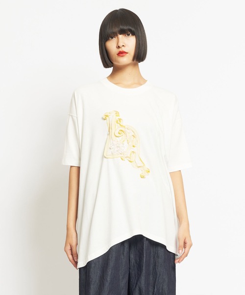 tシャツ テープエンブロ天竺　ヘムウェイブＴ レディース メンズ
