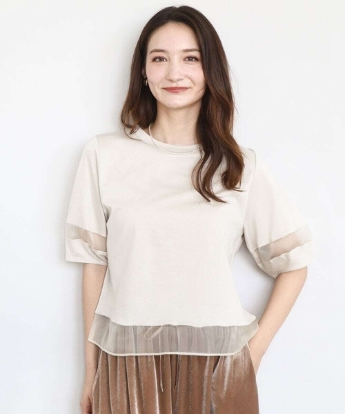 tシャツ シアー切替えランタンスリーブカットソー/接触冷感/洗える レディース