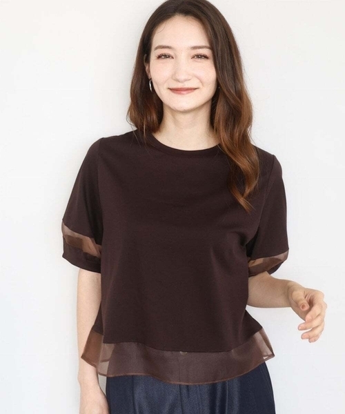 MK MICHEL KLEIN tシャツ シアー切替えランタンスリーブ