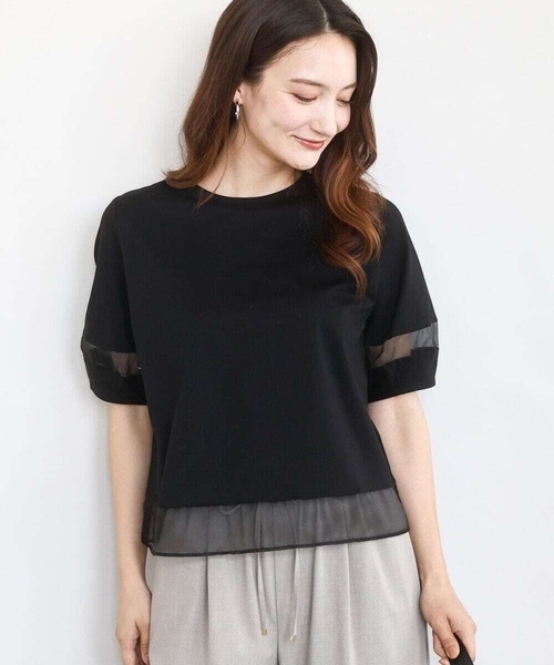 MK MICHEL KLEIN tシャツ シアー切替えランタンスリーブ