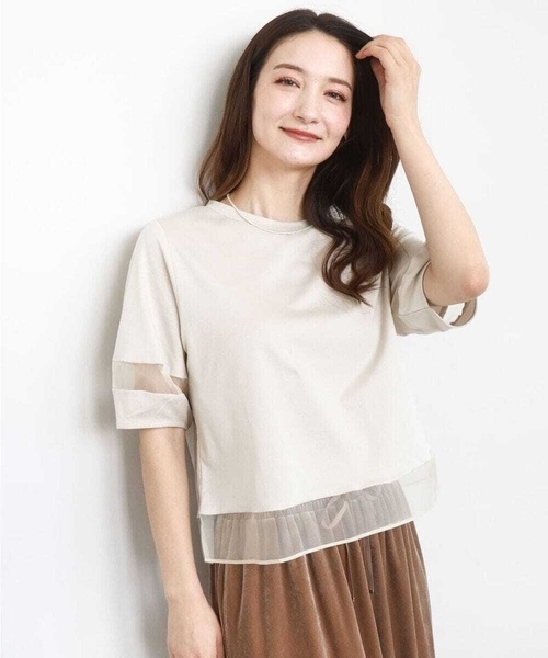 tシャツ シアー切替えランタンスリーブカットソー/接触冷感/洗える レディース シアー切替えランタンスリーブカットソー/接触冷感/洗える