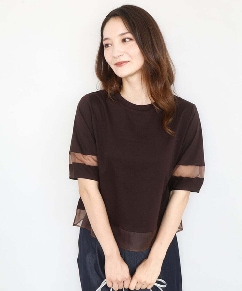 tシャツ シアー切替えランタンスリーブカットソー/接触冷感/洗える レディース MK MICHEL KLEIN tシャツ シアー切替えランタンスリーブ