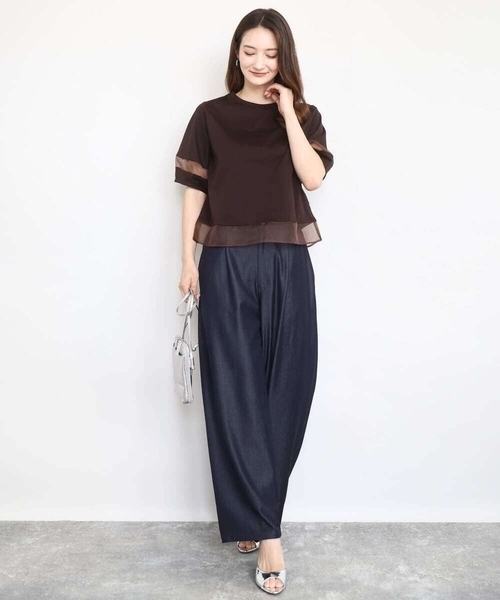 MK MICHEL KLEIN tシャツ シアー切替えランタンスリーブ