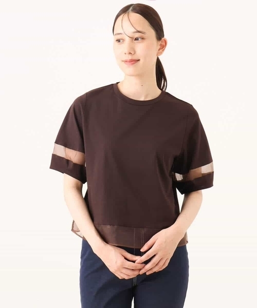 tシャツ シアー切替えランタンスリーブカットソー/接触冷感/洗える レディース MK MICHEL KLEIN tシャツ シアー切替えランタンスリーブ