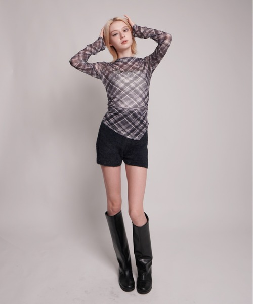 IMARI tシャツ 「 IMARI / イマリ 」 チェック柄 シアー ボートネック