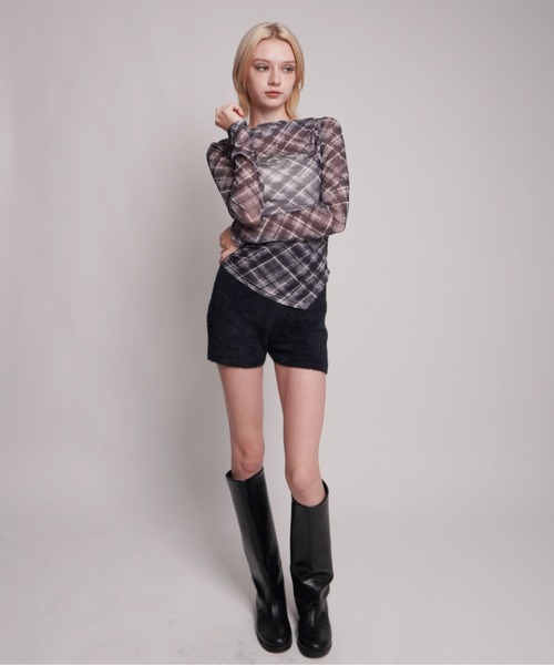 IMARI tシャツ 「 IMARI / イマリ 」 チェック柄 シアー ボートネック