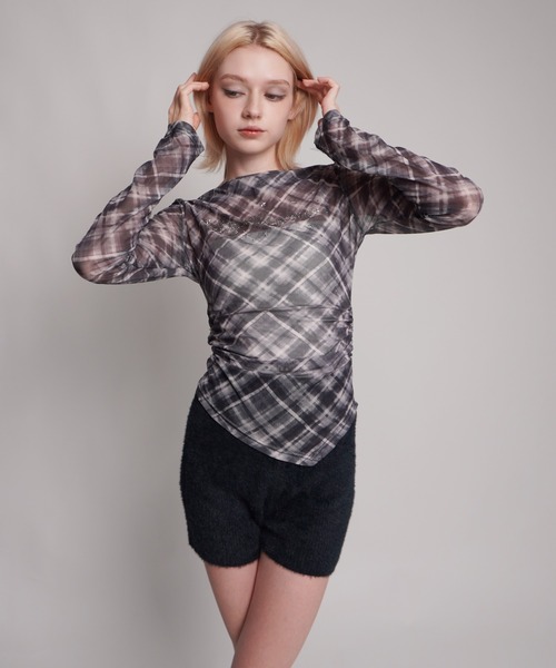 その他 IMARI IMARI tシャツ 「 IMARI / イマリ 」 チェック柄 シアー ボートネック