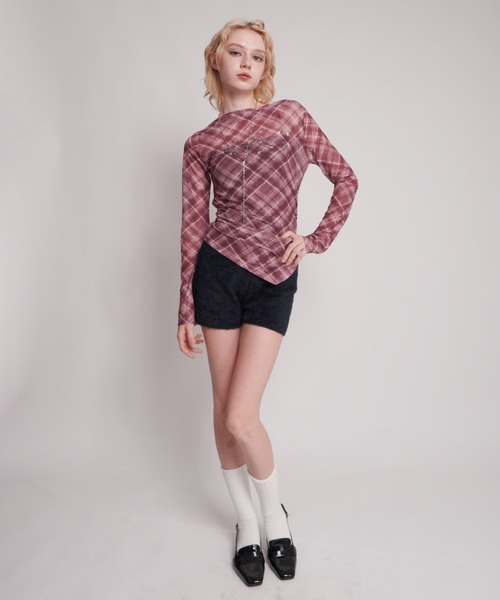 IMARI tシャツ 「 IMARI / イマリ 」 チェック柄 シアー ボートネック