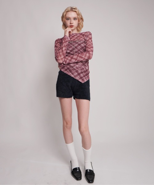 mari出品 IMARI tシャツ 「 IMARI / イマリ 」 チェック柄 シアー ボートネック