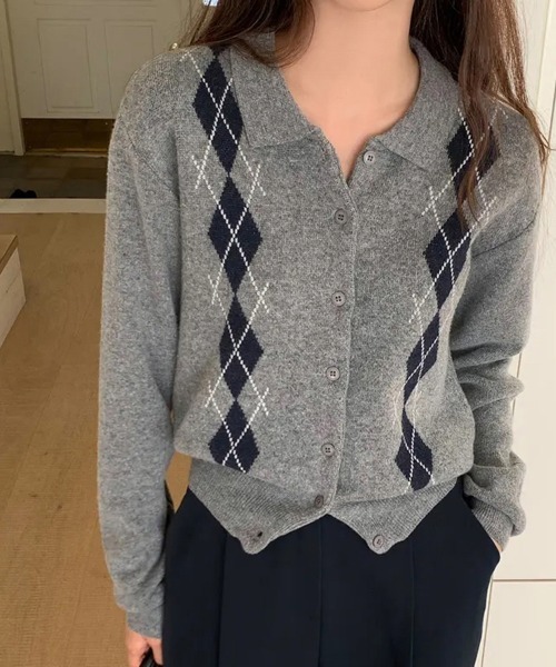 monkey time アーガイル柄ニットカーディガン グレー monkey time アーガイル柄ニットカーディガン グレー monkey time