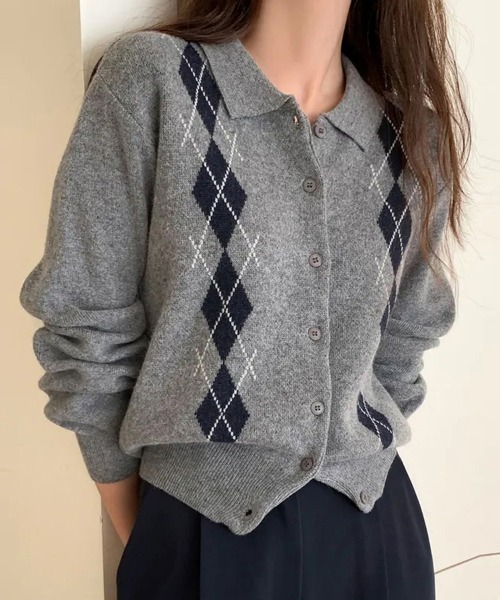 期間限定出品！ayane今期のアーガイル柄カーディガン サイズ38 ayane アヤン アーガイルニットカーディガン : セレクトショップブルー