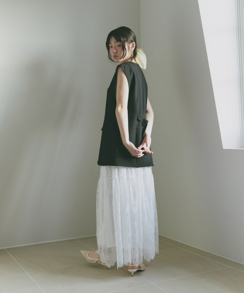 Freesia ロング スカート レース切替ギャザーロングスカート