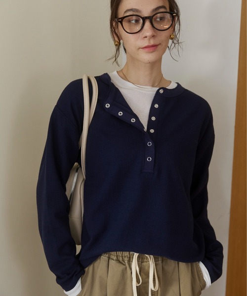 ANGIE tシャツ ワッフル ヘンリーネック プルオーバー ロンT