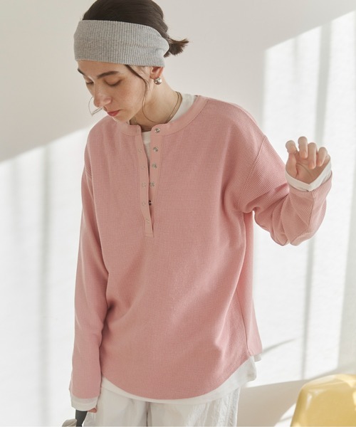 ANGIE tシャツ ワッフル ヘンリーネック プルオーバー ロンT