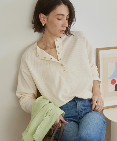 ANGIE tシャツ ワッフル ヘンリーネック プルオーバー ロンT