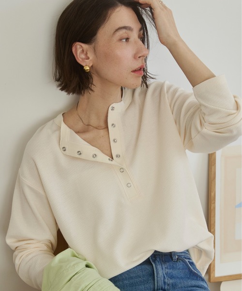 ANGIE tシャツ ワッフル ヘンリーネック プルオーバー ロンT