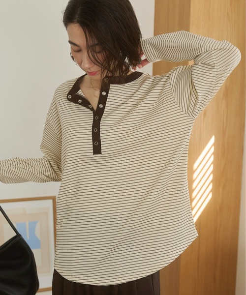 ANGIE tシャツ ワッフル ヘンリーネック プルオーバー ロンT
