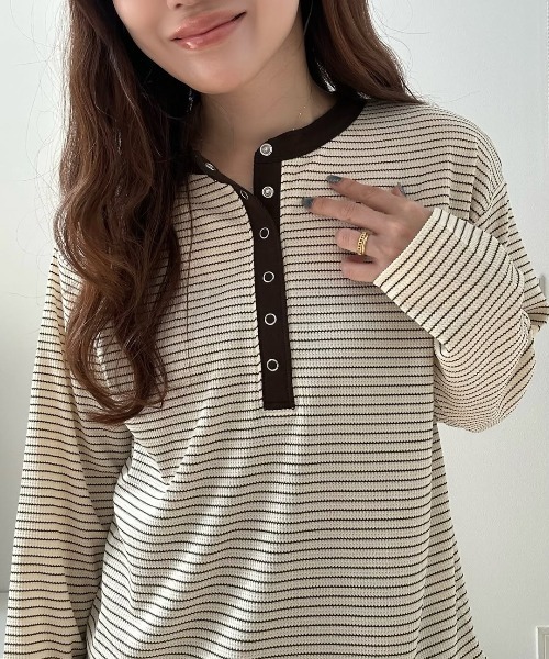 ANGIE ヘンリーネック tシャツ ワッフル ヘンリーネック プルオーバー