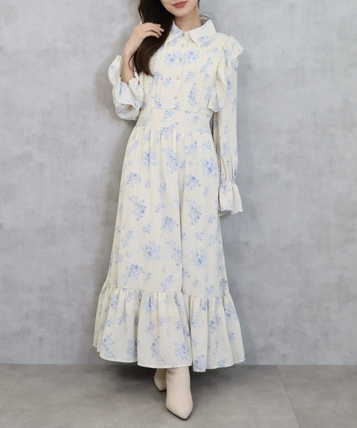 美品⁂センソユニコ⁂ロングワンピース　総柄　フリル　モックネック　アート柄　L CECIL McBEE（セシルマクビー） ワンピース 花柄シャツフリル