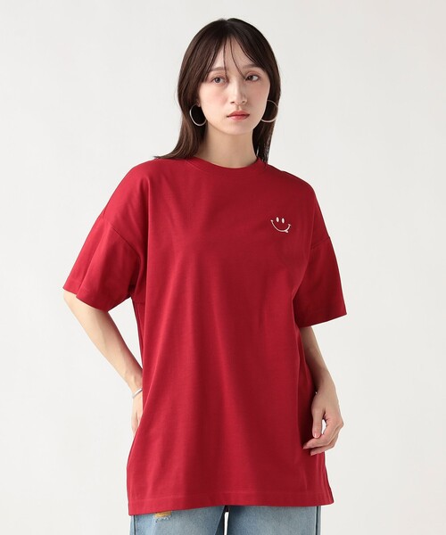 近年　45R スーパーガーゼMシャツ スーピマオーガニックコットン　R刺繍　赤紫 BEAMS HEART（ビームス ハート） tシャツ 半袖 スマイル刺繍 Tシャツ
