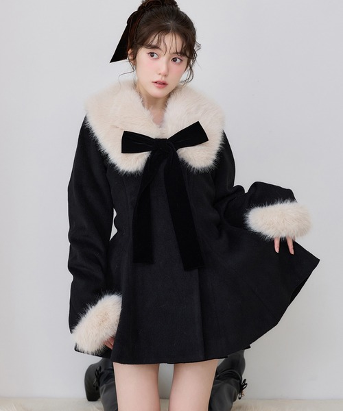 新品☆8L♪黒系♪リボンかわいいフェイクファー付ダッフルコート〇p850 one after another NICE CLAUP コート アウター フロントリボン