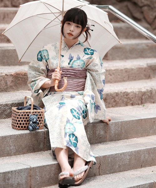 utatane 綿麻 ゆかた フリーサイズ 水色の朝顔、下駄付き utatane 浴衣 浴衣3点セット 綿麻 水色の朝顔 レディース : ZOZOTOWN