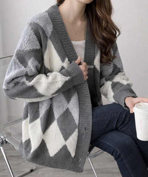 Amulet（アミュレット） カーディガン アーガイル オーバーサイズ ボア