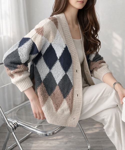 Amulet（アミュレット） カーディガン アーガイル オーバーサイズ ボア