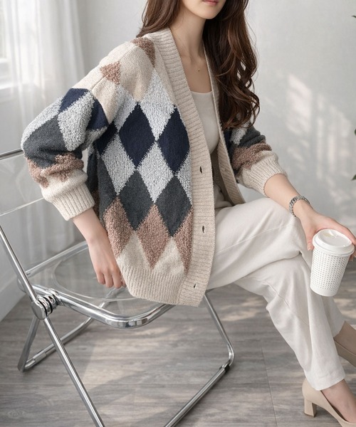 Amulet（アミュレット） カーディガン アーガイル オーバーサイズ ボア