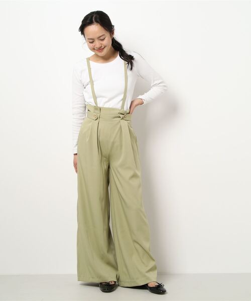 ベージュ サスペンダー付き ワイドパンツ アニュアンス anuans サスペンダー付きタックワイドパンツ
