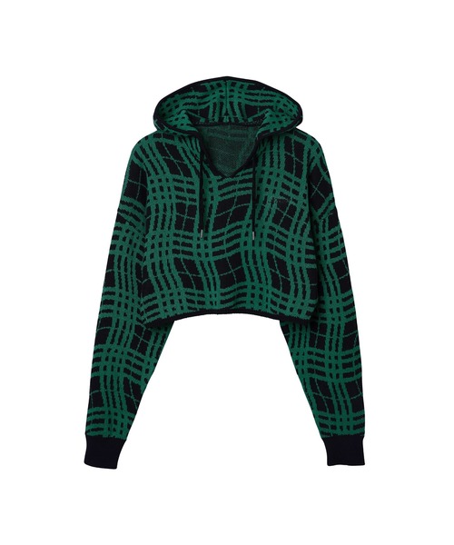 ニット セーター Skewed Checks Cropped Knit Hoodie レディース