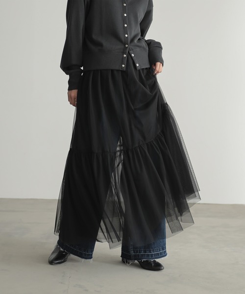 【ふうわり】新品　中丈 裾シルバー巻ロック　チュールスカート 黒 ｄ83 レース × チュールスカート Black – WRINN OFFICIAL