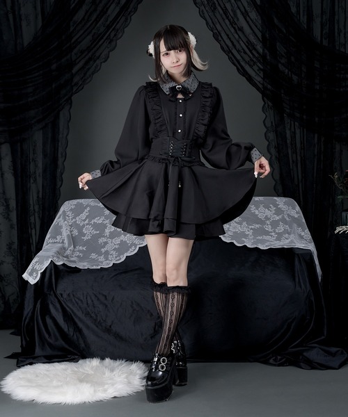 セットアップ ベスト ロングスカート レース フレア シアー 黒 Shear Lace Docking Long Skirt /シアーレースドッキングロング