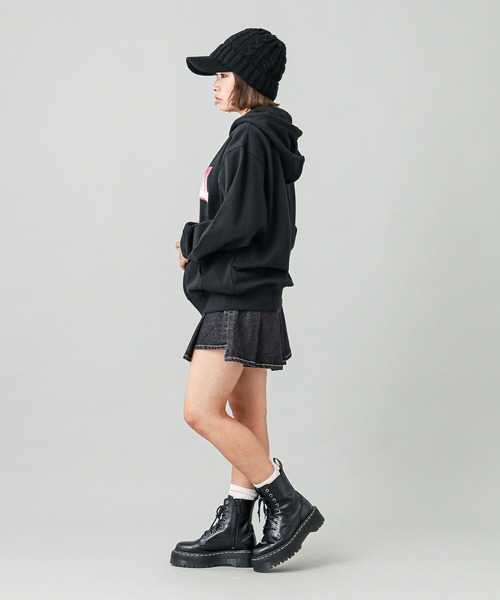 X-girl ブラック フード付きパーカー X-girl パーカー FAUX FUR LOGO ZIP UP SWEAT HOODIE レディース
