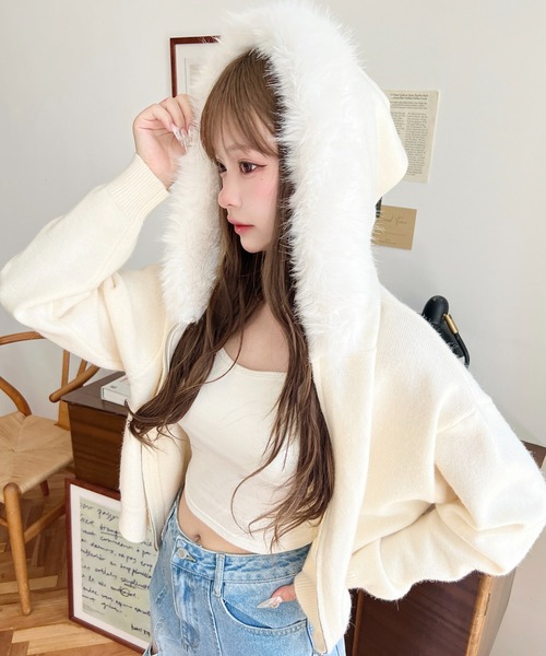 ♦︎W美品　エムプルミエクチュール　フード付きニットパーカー　ピンク　M ♦︎W美品 エムプルミエクチュール フード付きニットパーカー