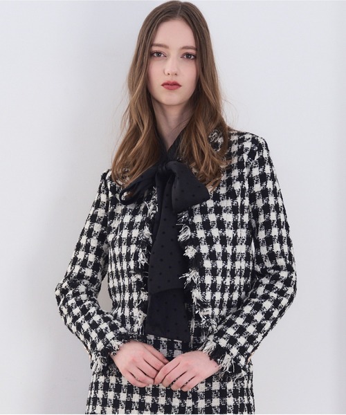Meline M. ノーカラーコート コート Fringe Tweed Jacket フリンジ 