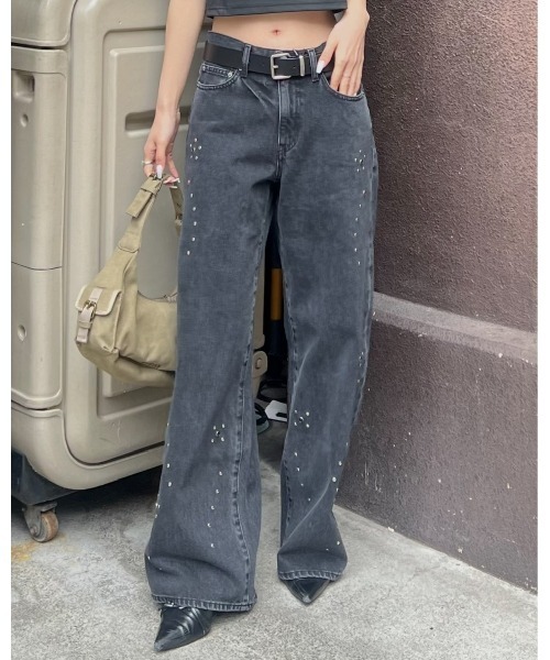 moussy FLORAL STUDDED BAGGY ブラック 0 セットアップ対応】FLORAL STUDDED BAGGY（デニムパンツ