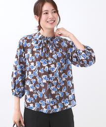 美品✨45R 花柄　タック　ブラウス　インディゴ　藍染め　ゆったり　現行　長袖 Reflect（リフレクト） ブラウス シャツ 「ジャケットのインナーに