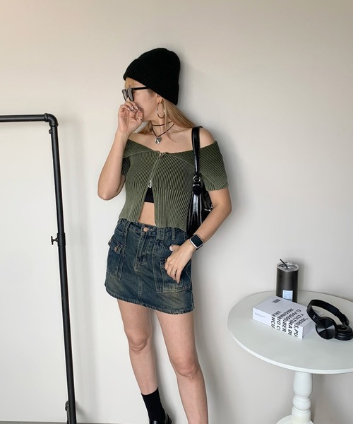 「non-hedge」 半袖ニット FREE カーキ レディース_画像6