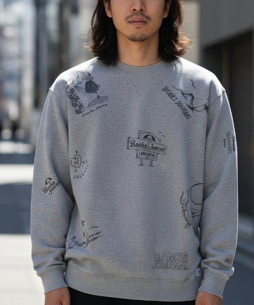 【未使用】BANKS バンクス HEART RINGS FLEECE トレーナー ロゴ プリント M スモーク ブルー AFL0231 メンズ 未使用】BANKS バンクス HEART RINGS FLEECE トレーナー ロゴ プリント