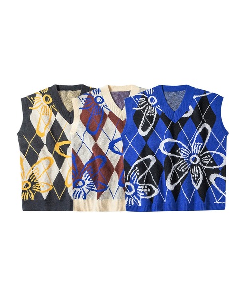 ベスト ジレ 「HOOK」アーガイルチェックと花柄ニットベスト メンズ
