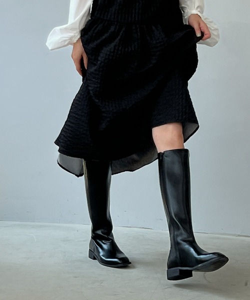 ブラックレザー ロングブーツ サイドファスナー chuclla（チュクラ） ブーツ サイドファスナー フラットロングブーツ