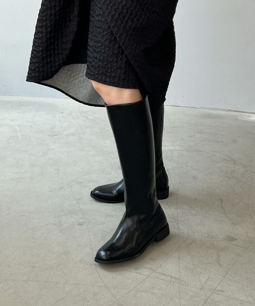 ブラックレザー ロングブーツ サイドファスナー ブラックレザー ロングブーツ サイドファスナー