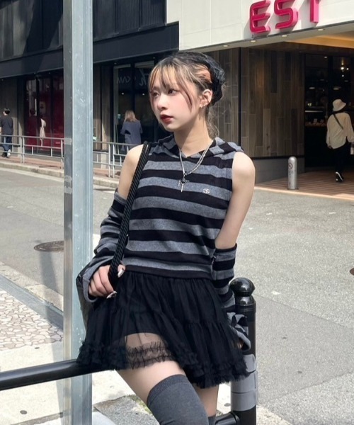 ニット セーター 「Uglyshadow」STRIPED HOODED KNIT VEST WARMER SET レディース
