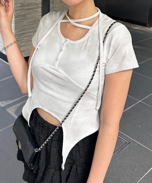 tシャツ ヘンリーネックヘムフレアトップス レディース