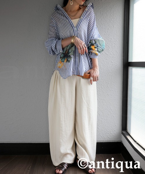 ブラウス シャツ コーデセット　インド綿シャツ×ワイドパンツ レディース antiqua ブラウス シャツ コーデセット インド綿シャツ×ワイド